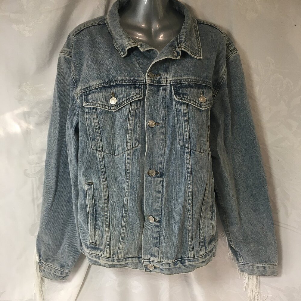 Justalwart Designed Size Large Men's Faded Jean Denim Jacket White Fringe 9441